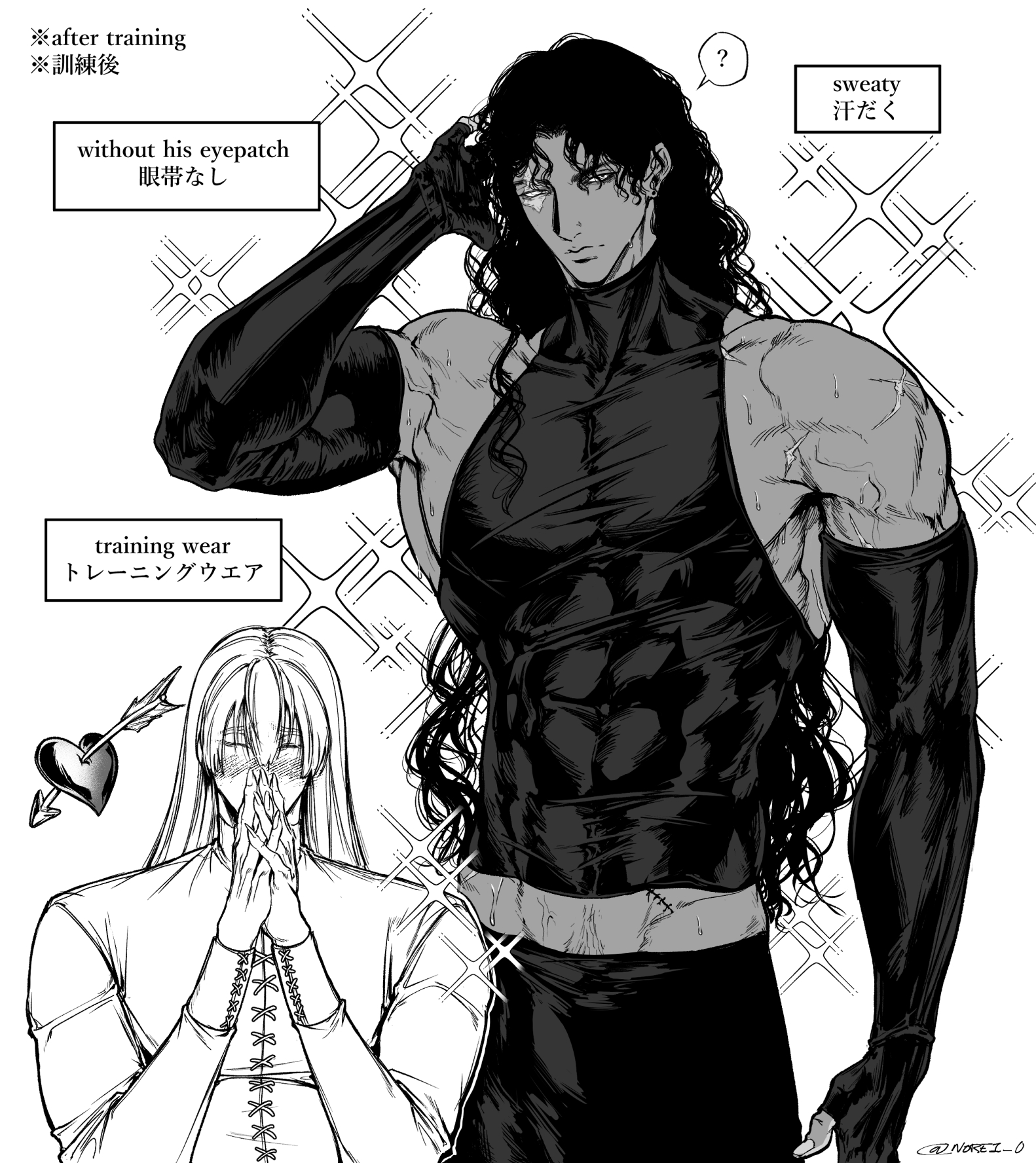 this is a black and white anime image. it depicts a shirtless muscular male character with black gloves, long black hair, and a sleeveless black shirt. he is looking away from the viewer and has a serious determined expression on his face. he is sweating, and the image is titled "after training." next to him is another character who is wearing a white shirt and has long white hair. this character is wearing a heart on his chest and has an arrow pointing to him. there is a speech bubble above the muscular man saying "sweaty" in japanese and another speech bubble with a question mark in it.