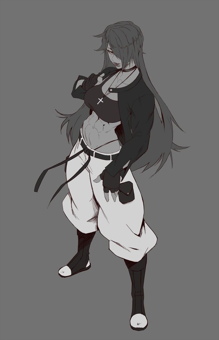 the image shows a fullbody illustration of an animestyle woman. she has long hair and is wearing a black jacket over a black midriffbaring shirt with a white cross. she has welldefined abdominal muscles and is wearing white pants with a black belt. she also has black gloves and a choker. she is standing in a dynamic pose.