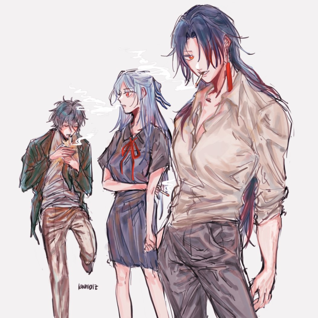 this is a colorful digital drawing of three anime characters. the leftmost character is a young man with black hair and a green jacket. he is holding a cigarette in his hand. next to him is a young woman with long blue hair and a white shirt with a red bowtie. she is wearing a navy blue skirt and is also holding a cigarette. the rightmost character is a young man with long blue hair and a white shirt. he has red earrings and is holding a cigarette in his hand. he is looking directly at the viewer. they are all standing against a white background. the drawing style is loose and stylized, and the characters are depicted in a casual, relaxed pose.  the drawing gives off a youthful, rebellious vibe.