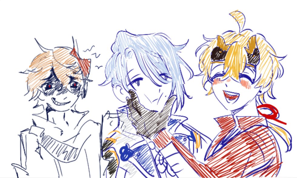 the image is a doodle of three anime characters. the character on the left has brown hair with a red bow on top, red eyes, and is wearing a white shirt. the character in the center has blue hair, blue eyes, and is wearing a jacket. the character on the right has yellow hair with a black eyepatch, brown eyes, and is wearing a red shirt. the characters are all smiling and seem to be friends. the doodle is done in a simple style and has a lot of color. the image is filled with cute expressions and bright colors.  the characters are drawn in a playful and lighthearted way. the doodle is drawn on a white background.