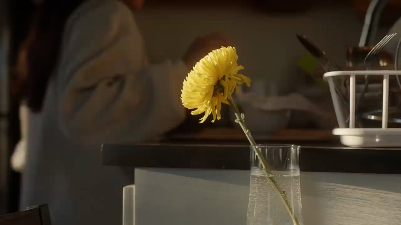 a single yellow chrysanthemum stands in a glass vase on a kitchen counter. the flower is illuminated by warm, natural light streaming in from a window behind it. the background is slightly out of focus, showing a woman in a white sweater doing dishes and a glimpse of a dishrack filled with silverware. the overall atmosphere is one of peace and serenity, capturing a quiet moment in a domestic setting.