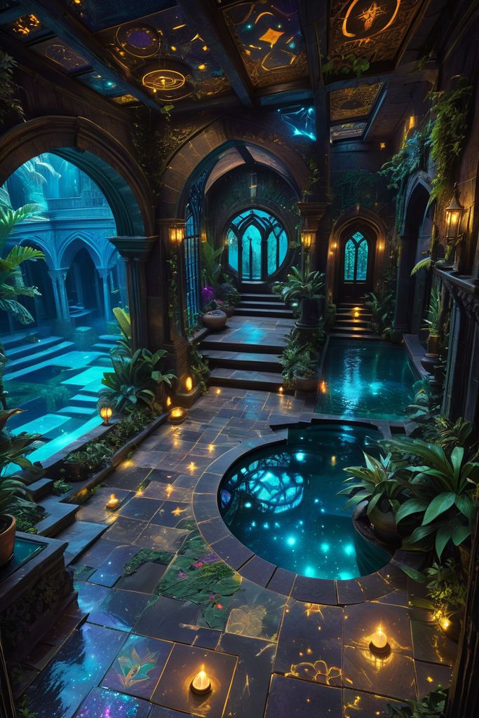 a fantasy indoor pool area with glowing blue water, surrounded by lush green plants and illuminated by candles. the architecture features ornate arches and dark stone, while celestial patterns decorate the ceiling tiles. the space exudes a magical and luxurious atmosphere.