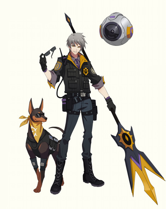 a digital illustration of a young man in a stylized police uniform. he has short gray hair and green eyes and is holding a pair of sunglasses in his right hand. he is flanked by a doberman pinscher wearing a matching bandana and a floating robotic sphere. he is also carrying a large, ornate spear.