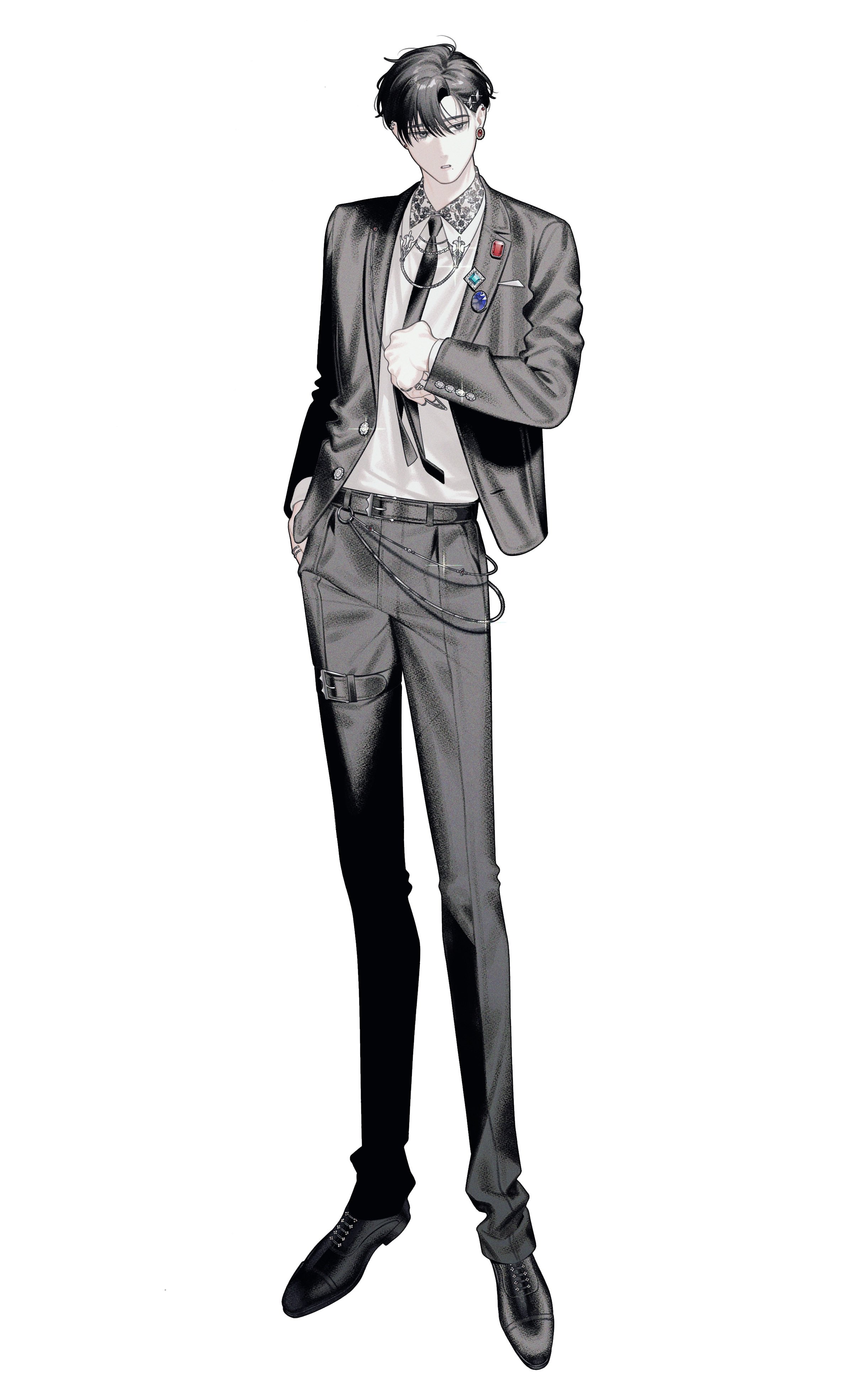 the image is an illustration of a stylish anime/manga male character. he's depicted from head to toe, standing in a relaxed yet elegant pose. he has dark hair, a sharp jawline and is wearing a welltailored dark gray suit. the suit is complemented by a black tie, and various small accessories add to his overall edgy aesthetic. the character's style leans towards a modern, refined look with a hint of a darker, possibly gothic or visual kei influence. the grayscale color palette adds a sophisticated feel to the illustration. the artistic style is clean and detailed, showcasing the character's features and clothing with precision. the background is plain white, drawing all attention to the character himself.