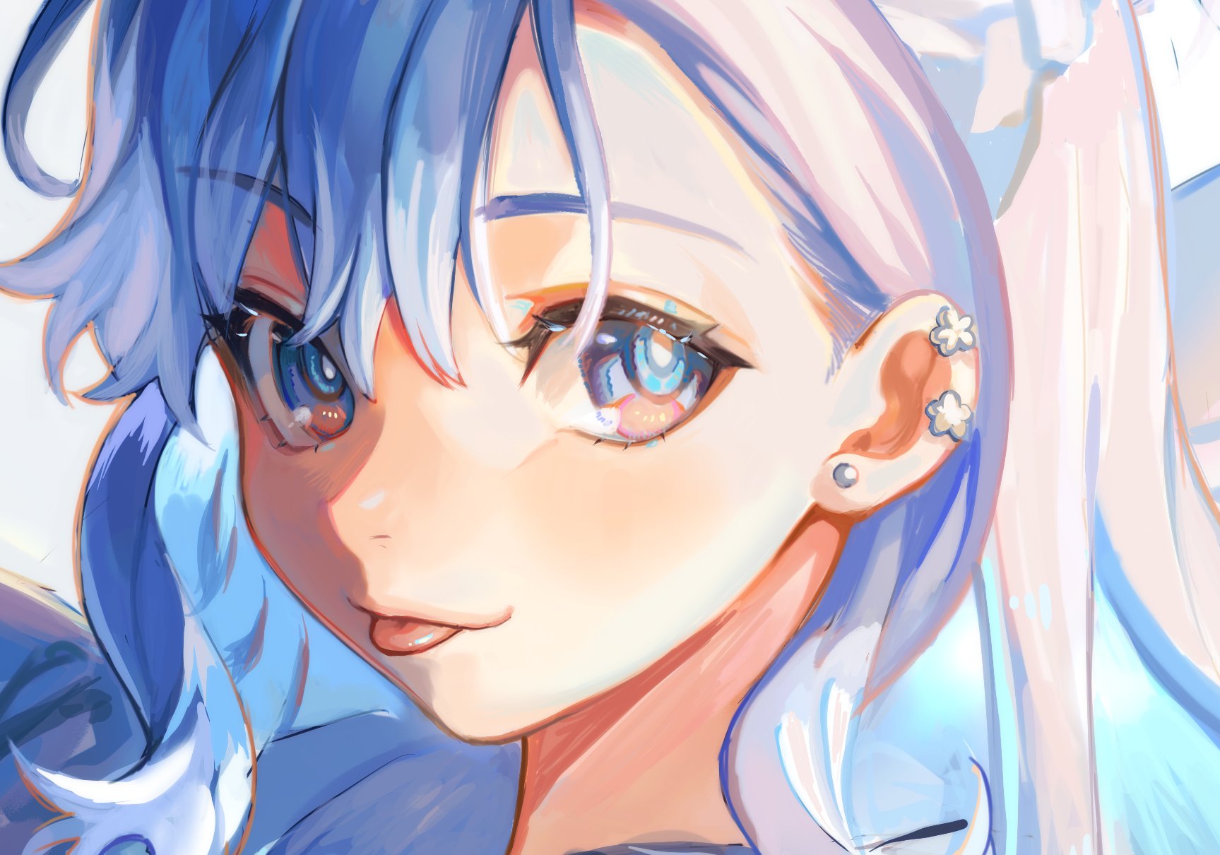 a closeup portrait of an anime girl with long, flowing blue and white hair. she has light blue eyes, a sweet smile, and is wearing delicate earrings. the art style is soft and dreamy, with a light blue and pink color scheme. the image is a beautiful and enchanting depiction of a young woman.