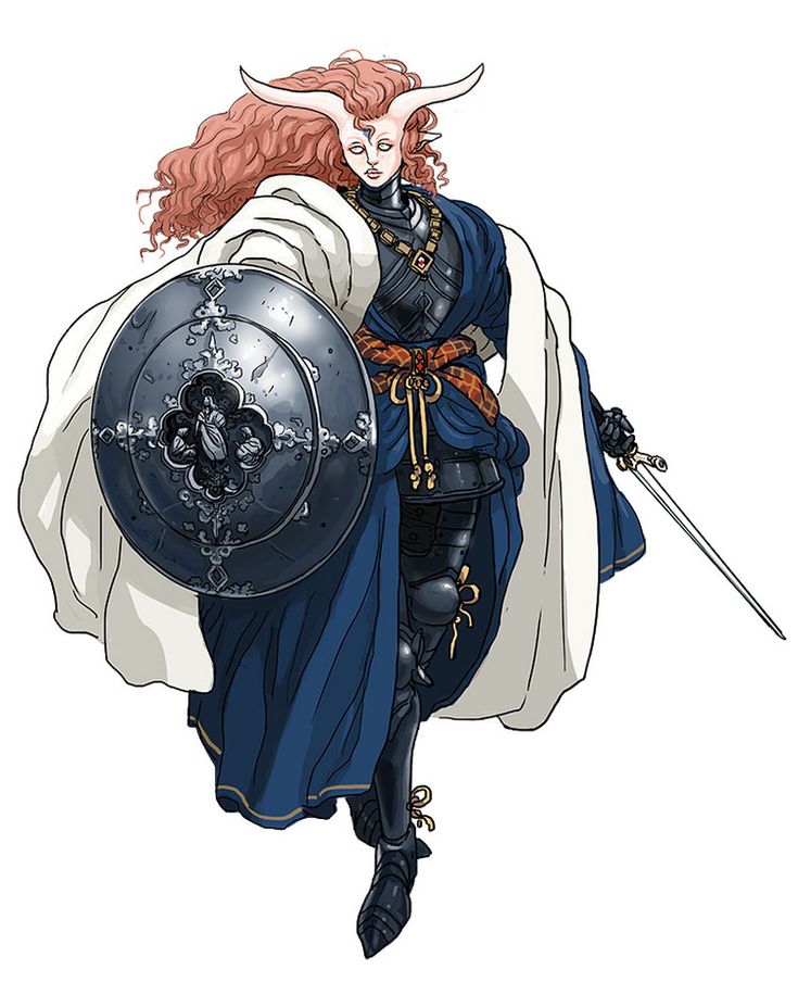 this is an illustration of a female knight. she has long, flowing red hair and horns. she is wearing a white cape, blue armor, and a sword. she is holding a shield in front of her, and she has a determined expression on her face. the background is white.