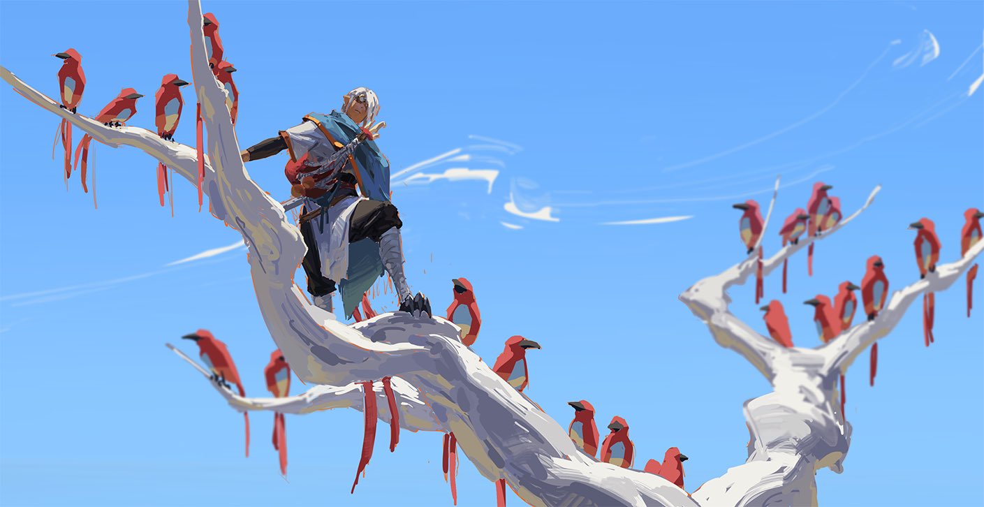a digital painting depicting a fantasy scene. a male character with white hair, wearing a blue cloak and seemingly elvenlike attire, sits on a large, white, gnarled tree branch.  numerous stylized red birds perch on the branches around him. the sky is a clear, bright blue with wispy clouds. the overall style is painterly and whimsical, creating a serene and adventurous atmosphere.