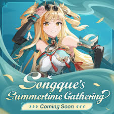 the image is a promotional poster for an event called "songque's summertime gathering". it features an animestyle character with blonde hair and sunglasses. the background is turquoise and the text "coming soon" is at the bottom.
