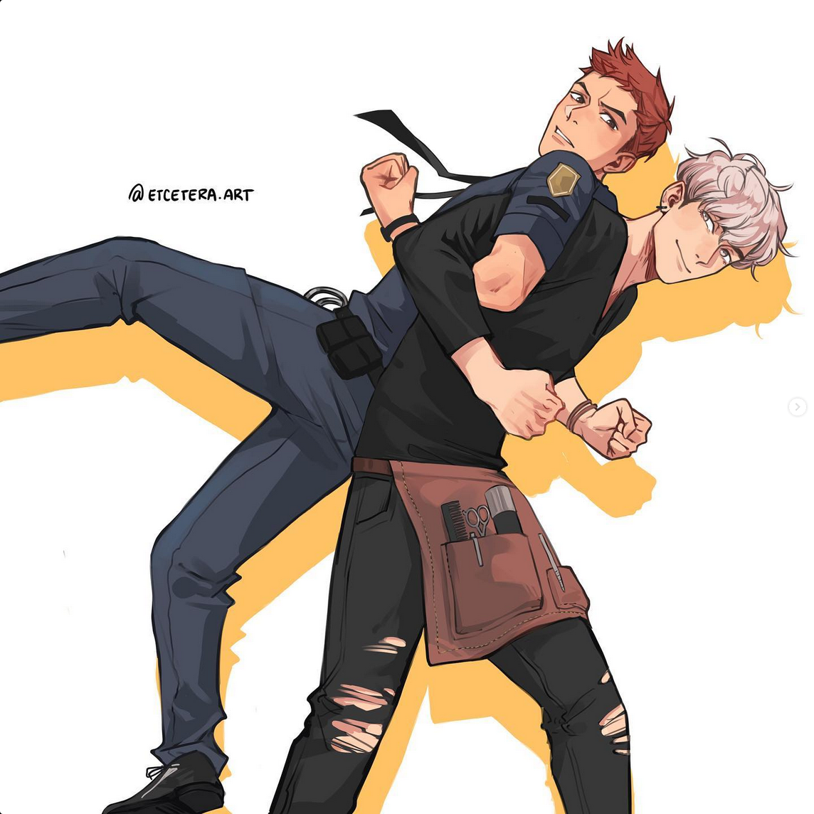 the illustration showcases two men playfully interacting against a solid yellow backdrop. the first man, a police officer in a dark blue uniform, dynamically lifts his partner, a hairstylist, who sports a black shirt, ripped black pants, and a brown tool belt.  the hairstylist is drawn with white hair and fair skin, while the officer has red hair and tan skin. both men are smiling and engaged in their playful struggle. the art style is  characteristic of digital illustration, with clean lines and vibrant colors. the yellow background further accentuates the figures and emphasizes the energy of the scene.