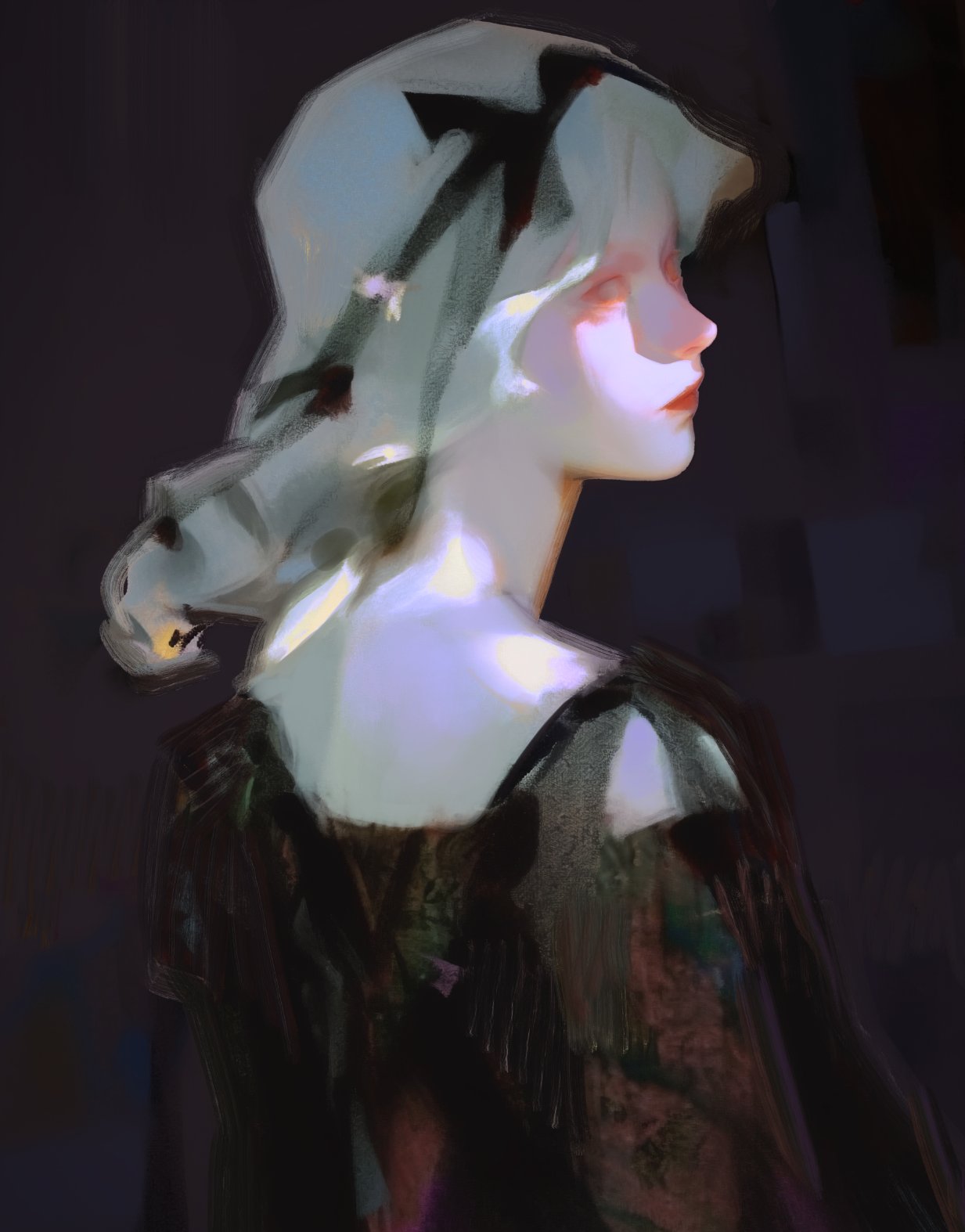 this digital painting depicts a woman with long, flowing hair, dressed in a black dress. her face is soft and delicate, with a hint of sadness in her eyes. the lighting is dramatic, with the woman's face illuminated by a soft glow.  the background is dark and indistinct, creating a sense of mystery and intrigue. the overall impression is one of beauty, elegance, and melancholy.