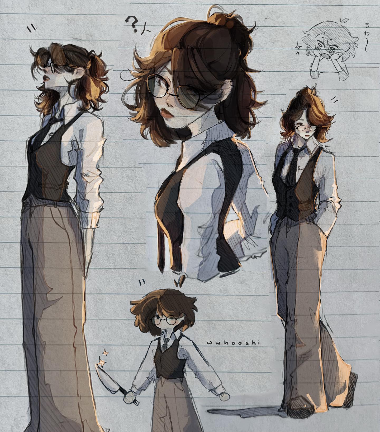 the image showcases a series of sketches depicting a female character in various poses and expressions. the character is stylishly dressed in a white shirt, a black vest, and brown pants, reflecting a semiformal and slightly androgynous aesthetic. the artist's style leans towards a loose and expressive linework, capturing a sense of movement and personality.