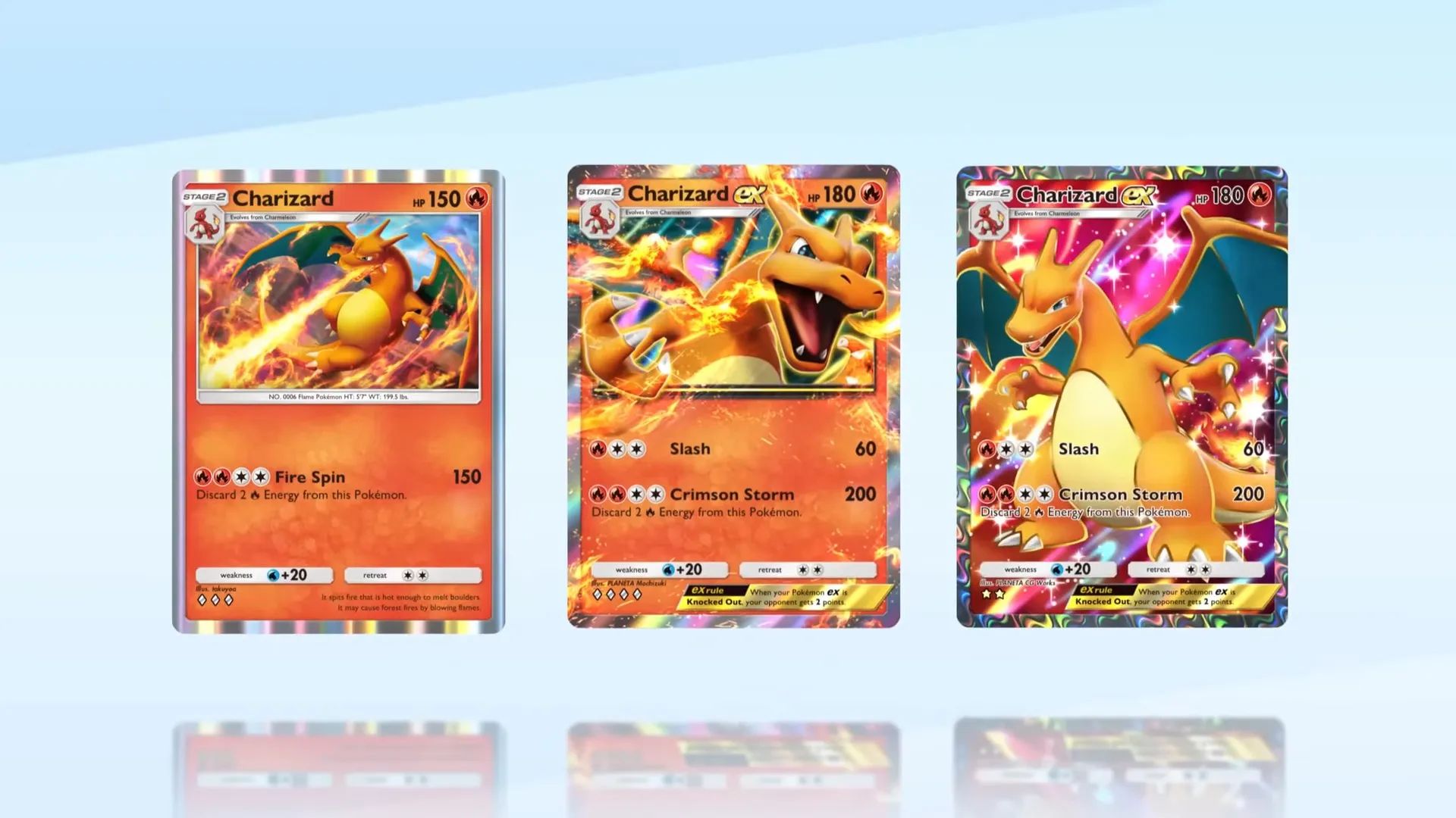the image shows three different pokémon trading cards featuring charizard.  the cards are laid out sidebyside against a light blue background.  the leftmost card is a standard charizard card, while the other two are charizard ex cards with different artwork and slightly different stats.  each card displays charizard's attacks, hp, weakness, retreat cost, and other relevant information. the cards are highquality with shiny foil elements. the image is a clean, clear display of the cards.