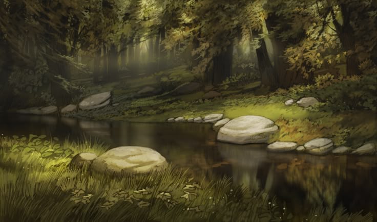 the image is an illustration of a forest scene. a narrow river or creek flows through the middle of the image, with the surrounding area covered in lush green grass and varioussized rocks. tall trees dominate the background, creating a dense woodland. sunlight filters through the trees, adding depth and highlights to the scene. the water reflects the surrounding vegetation and trees. the style of the image is reminiscent of a cartoon or painting.