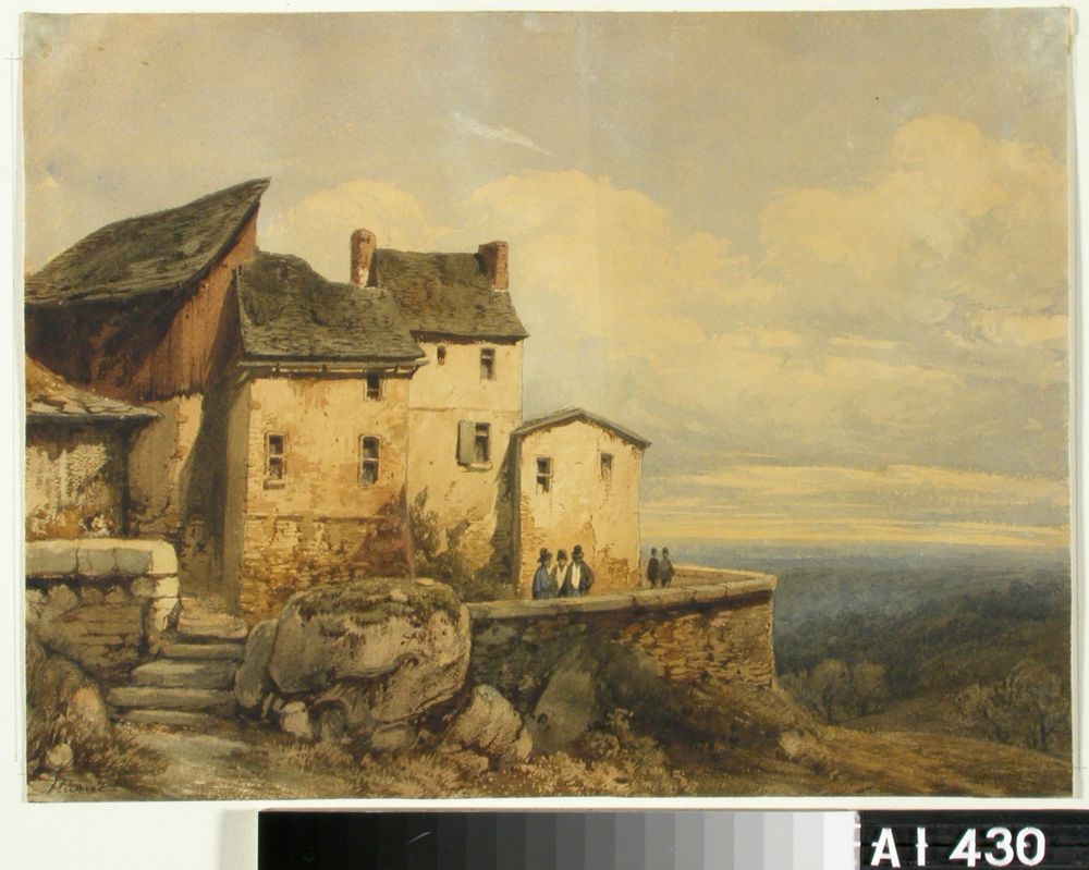 a vintage watercolor painting depicts a collection of buildings situated atop a hill. the buildings feature varying architectural styles, with stone and stucco walls, tiled rooftops, and chimneys. a stone wall extends along the edge of the hill, where a few figures, possibly men in hats, are standing. a large mossy rock sits near the base of the buildings, with steps leading up to the structure. the sky is overcast with a mix of gray and yellow hues, suggesting either early morning or late afternoon. in the distance, a valley stretches out towards the horizon, dotted with trees. the overall atmosphere is rural and historic.