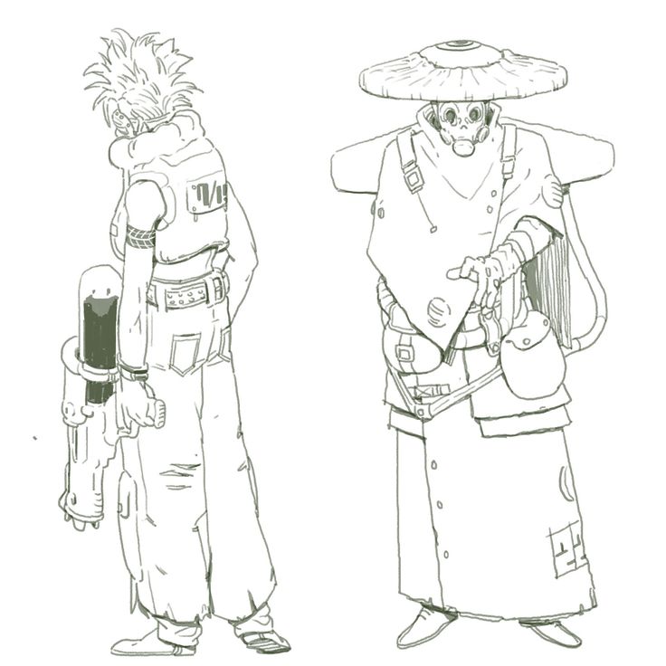 a black and white line drawing of two futuristic scifi characters. the character on the left is a young woman with short spiky hair wearing futuristic clothing and wielding a weapon. the character on the right is a cloaked humanoid figure wearing a helmet and mask, with a backpack, satchel, and other gear attached to its body.