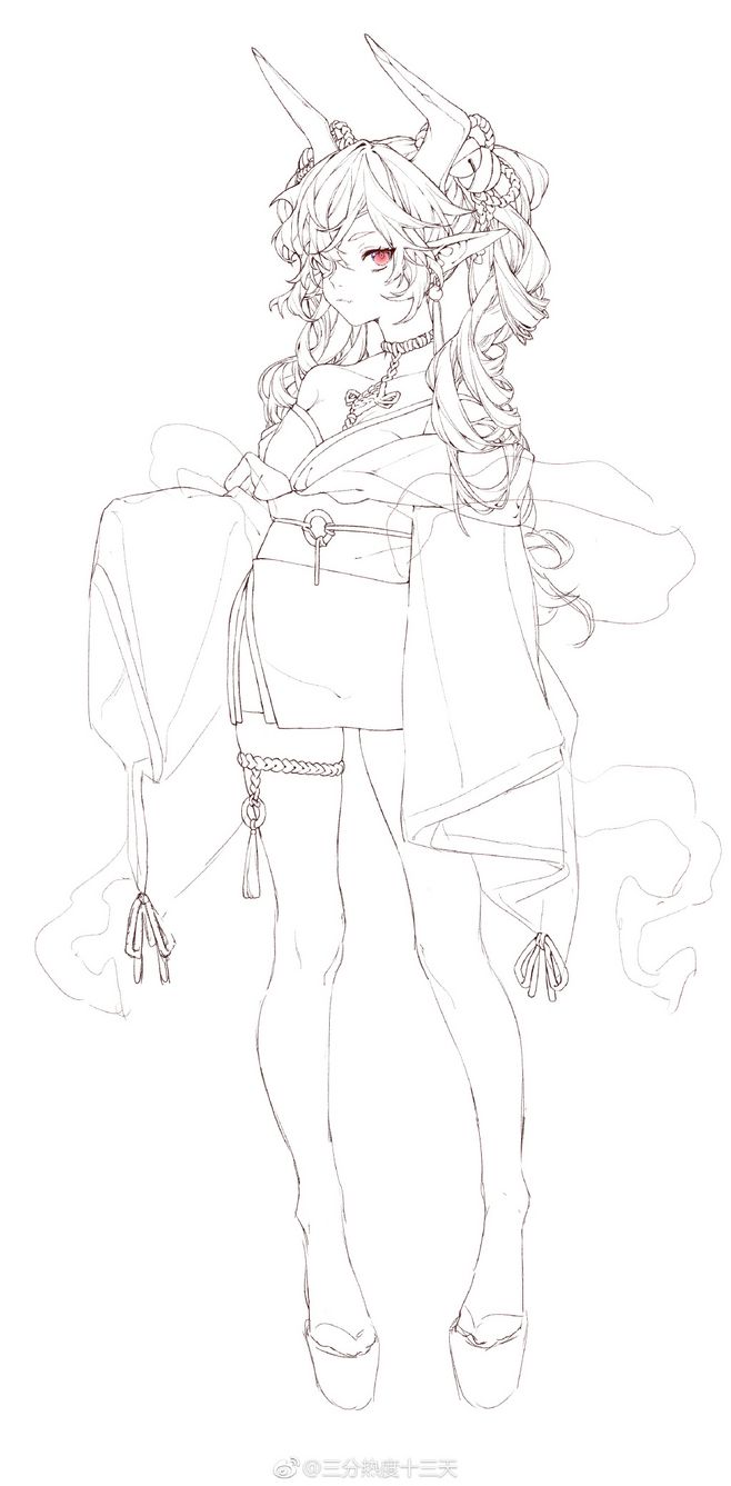 this is a line art drawing of an anime girl with horns, large ears, and long hair. she is wearing a kimono and is standing in a graceful pose. the drawing is in black and white and is very detailed. the girl has red eyes and is very beautiful.