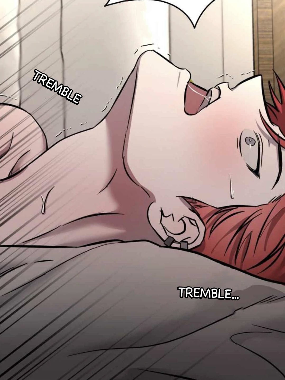 the image is a closeup panel from a manga or manhwa (korean comic).  it depicts a redhaired man lying on a bed, his head tilted back, mouth open, and eyes closed. his face is flushed, and his body shows signs of exertion or arousal.  the word "tremble" is written twice, indicating his emotional state. the overall style is suggestive and leans toward yaoi (boys' love) themes, hinting at an intimate moment. the art style is detailed and emphasizes the characters emotional state.