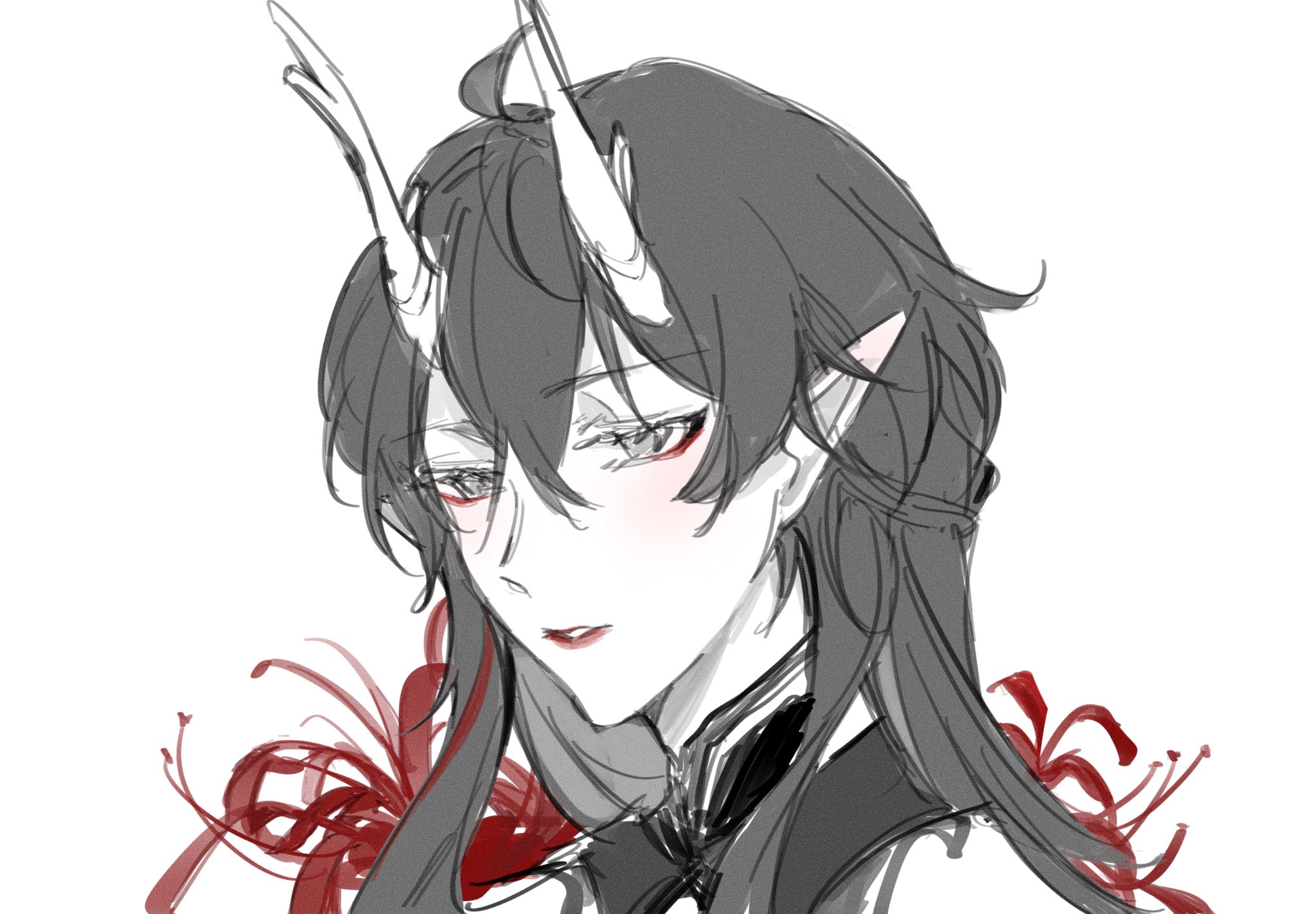 a closeup portrait of an anime character with long black hair and horns. they have red eyes and red lips, and a red flower in their hair. the character is drawn in a simplistic style with a focus on their face and expression. they appear to be a demon or other supernatural creature. the background is a white with a touch of grey.