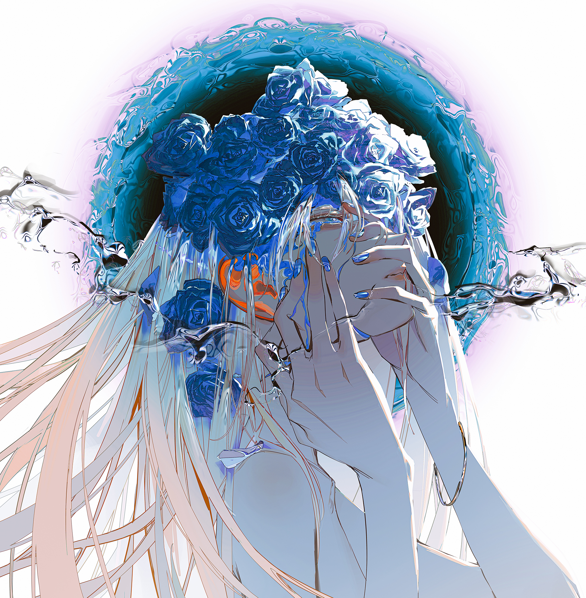 this is an image of an anime girl with long white hair. she is wearing a crown of blue roses and is crying. water is running down her face. the background is a swirl of blue water and a black circle.  she is holding her hands over her eyes and looking down with a sad expression.