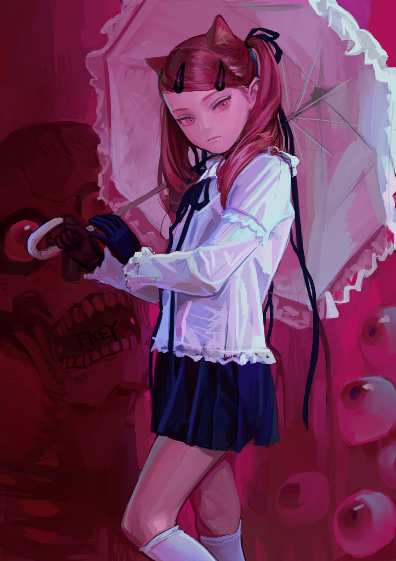 the image shows a dark fantasy animestyle drawing. a girl with red hair, cat ears, and pink eyes, dressed in a school uniform, stands holding an umbrella. the background is a dark red, featuring a large skull and apples. she is wearing gloves and ribbons.