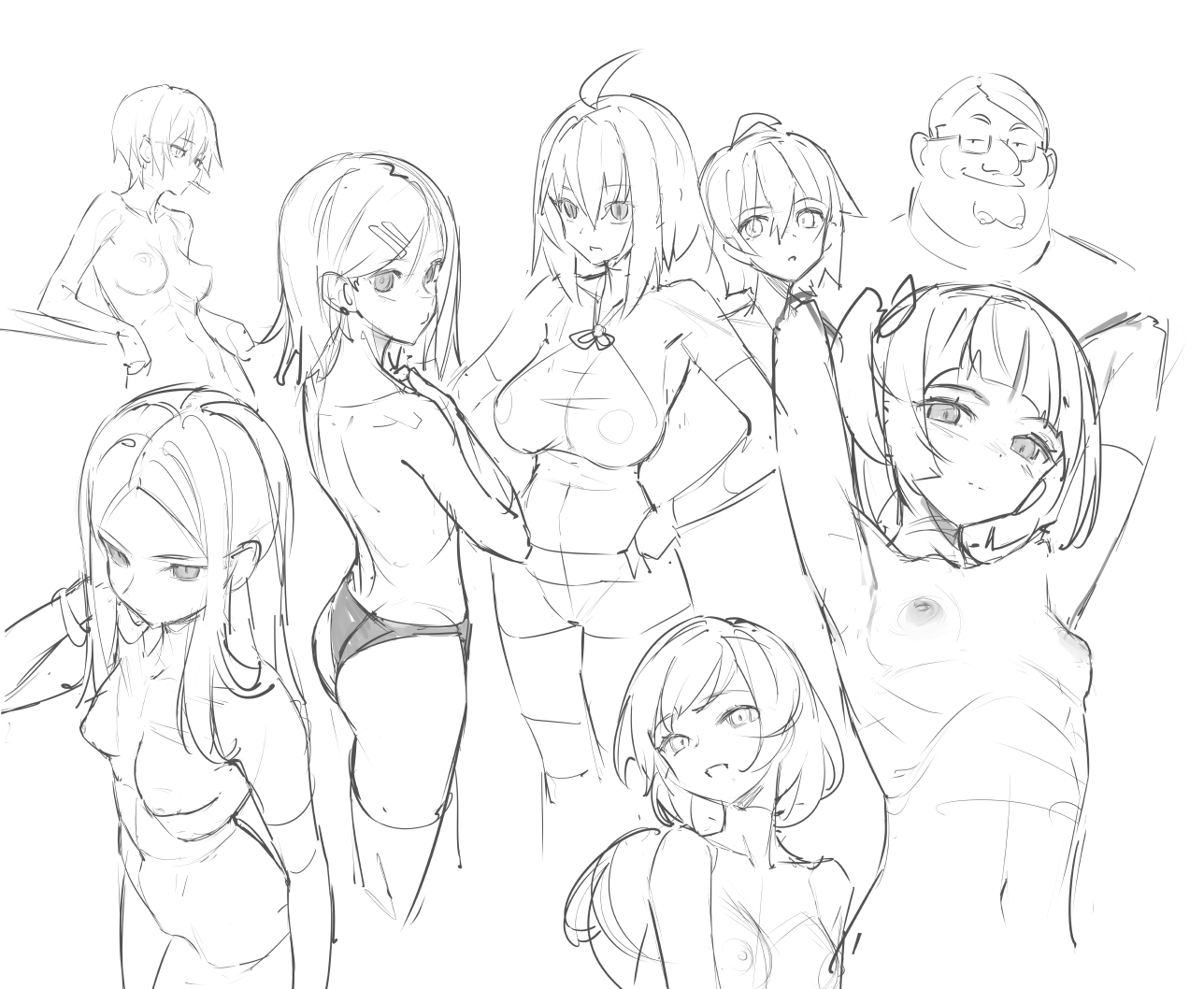 the image is a collection of pencil sketches depicting various female anime or mangastyle characters in different poses.  the sketches are loose and expressive, focusing on gesture and form rather than precise detail.  the style is informal and appears to be a collection of character design studies or brainstorming sketches.  there is also a sketch of a larger male character in the background.  the sketches are done in grayscale, varying in line weight and detail, but maintaining a consistent artistic style throughout.