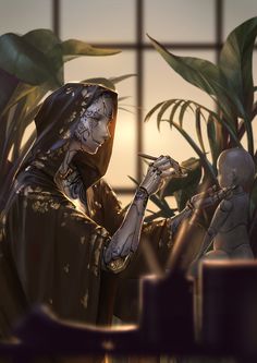 a cyborg with intricate metallic details beneath their cloak is meticulously painting a miniature humanoid sculpture in a dimly lit workshop, bathed in the soft golden hues of the setting sun. the scene exudes a serene atmosphere as the cyborg focuses on their artistic creation. lush plants can be seen both inside and outside the workshop, their leaves framing the central figures.