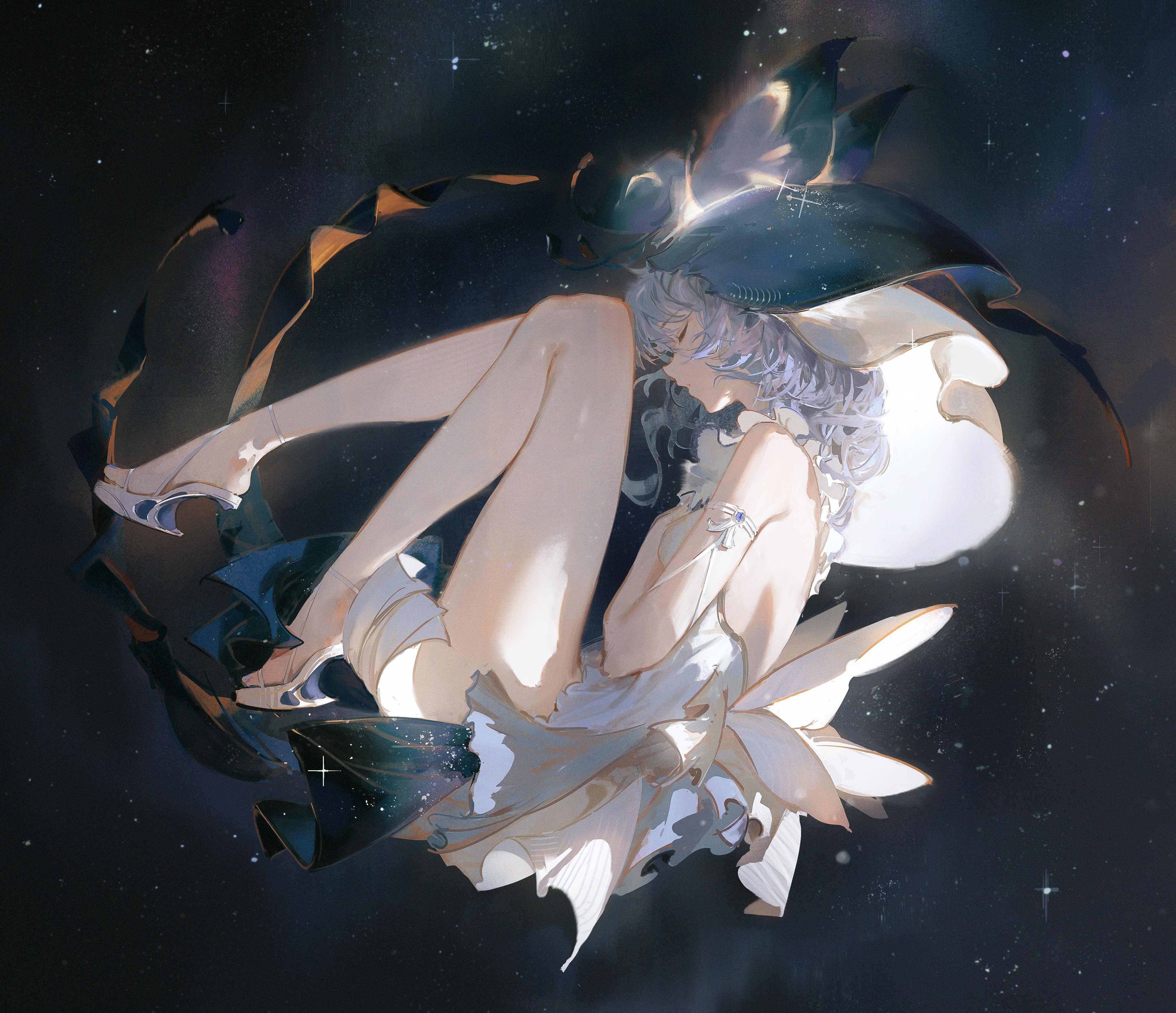 this digital painting depicts a whitehaired anime girl with blue eyes floating in space. she is wearing a white dress with a blue ribbon and a white hat with a blue ribbon. she is surrounded by stars. the image has a dreamlike and ethereal quality.