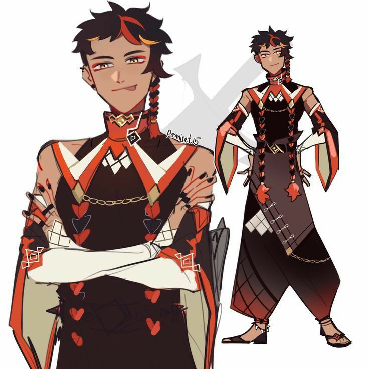 this is a digital illustration of an anime character. the character is a male with red hair and black eyes, wearing a red and black outfit with a lot of detail. the character is posed in a cool and confident way. the art is well done and the character is very stylish.