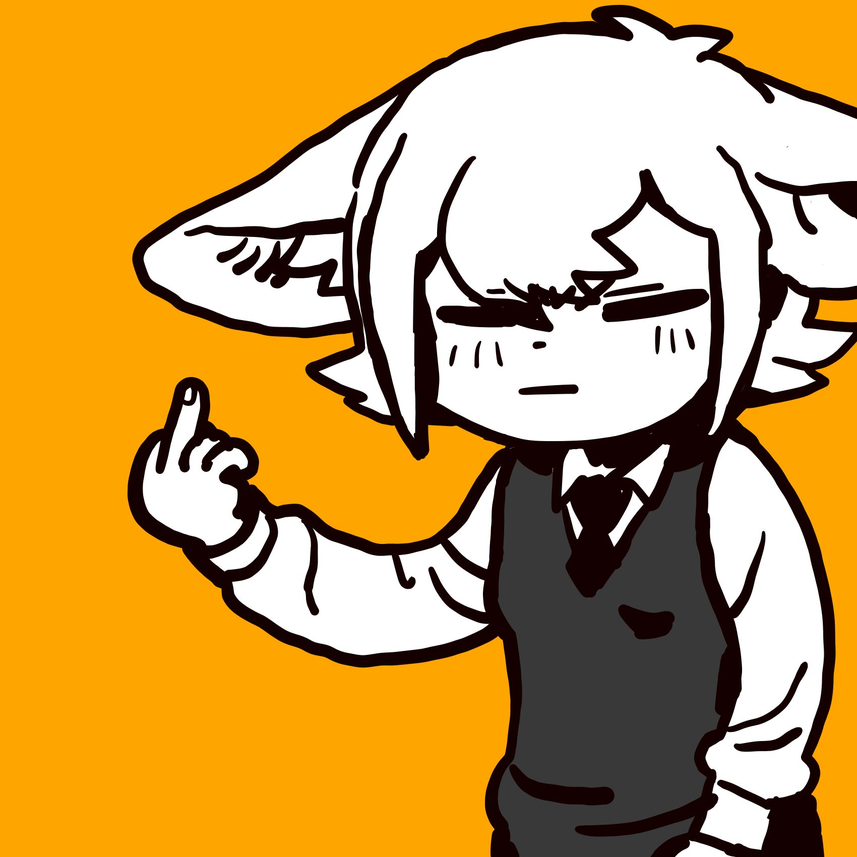 a monochrome illustration of a cartoon furry character giving the middle finger, they are wearing a vest over a white shirt with their hair covering their ears. the background is orange.
