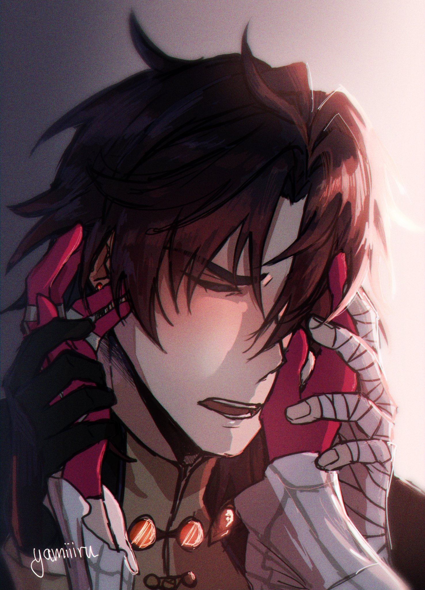 this is a digital art illustration of an anime character. it is a closeup portrait of a man with dark red hair and red eyes. the man has his head down and is looking down at the floor with a serious expression on his face. he is wearing a dark shirt and a necklace with orange and yellow gems. his left hand is wrapped in bandages and is holding a pair of pink gloves.  his right hand is holding the bandaged hand.