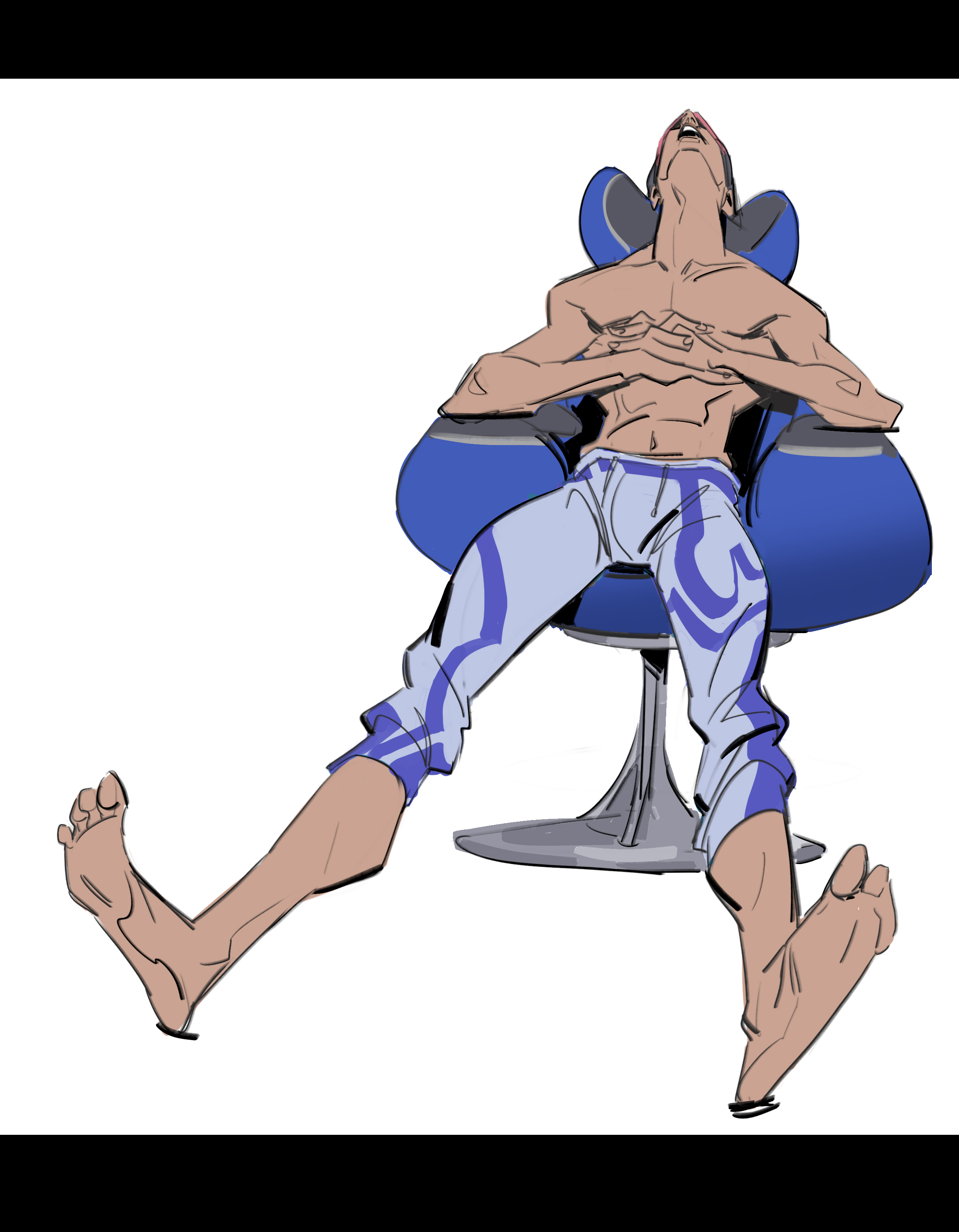 the image is a stylized digital illustration depicting a muscular, barechested man reclining in a modern, blue chair.  he's leaning back with his head tilted up, hands clasped over his abdomen. he's wearing pants with an abstract blue and white swirling pattern. the style is dynamic and expressive, with bold lines and a graphic novel feel. the coloring is primarily muted, with shades of blue and skin tones dominating. the overall impression is one of casual relaxation, possibly even slight distress or discomfort, suggested by the man's posture.  the background is plain white, drawing all focus to the figure and chair.