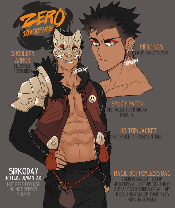 this is a digital illustration of a male anime character. he is wearing a wolf mask, armor, and a red and black jacket. he also has some accessories on his ears, a patch on his chest, and a bag at his waist. he is standing with one hand on his hip and the other hand holding the bag at his waist. the background is grey.