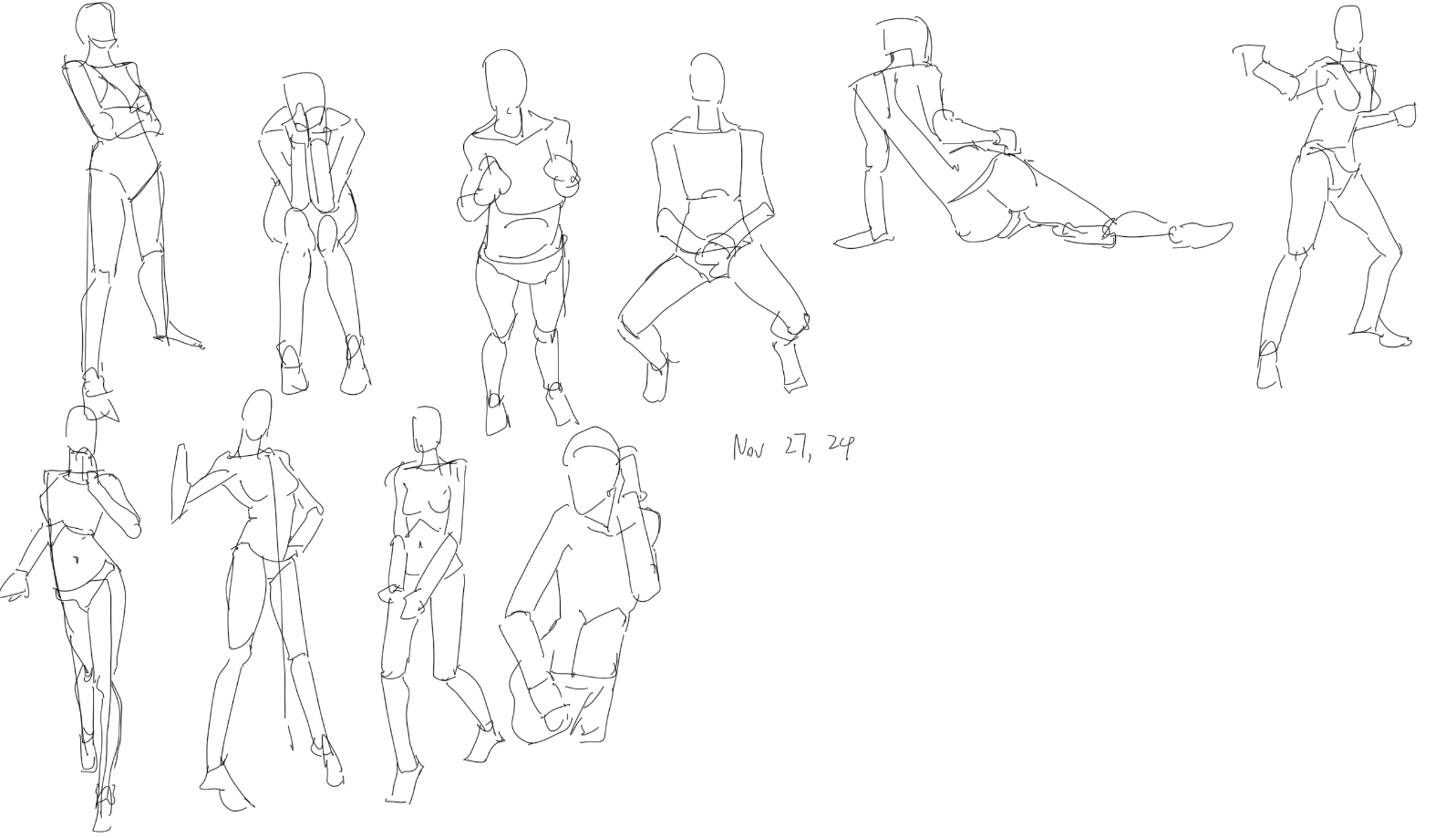 the image contains a collection of quick, gestural figure drawings.  the style is loose and expressive, focusing on capturing the movement and pose of the figures rather than precise anatomical detail.  the figures are rendered with minimal lines, mostly showing the overall silhouette and key joints.  there are multiple figures depicted in various poses, some standing, some sitting, and some in dynamic action. the date "nov 27, 20?" is written in the center.  the overall impression is one of a sketchbook page filled with practice drawings of the human form.