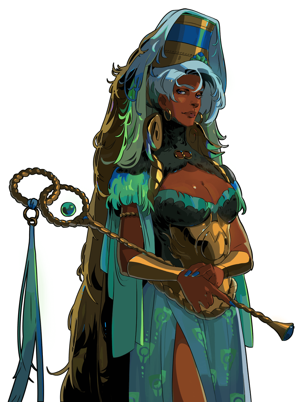 a digital illustration of a female fantasy character. she has dark skin, long white hair, and is wearing a blue and green robe with a gold headdress. she holds a staff with a green orb in her hand and has a serious expression on her face.