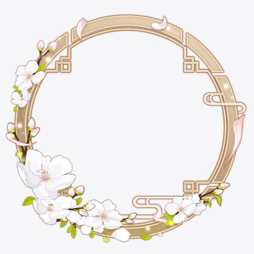 a round frame with floral decoration. the frame is a light golden color with a traditional oriental design incorporated into the top and right side. white blossoms and pink petals adorn the left and bottom part of the frame.