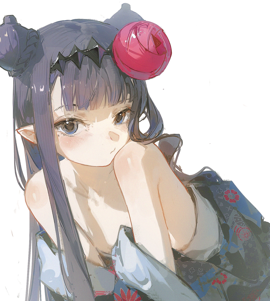 a close up of a anime girl with long purple hair, sitting with one arm resting on her other arm, looking down. she has a pink flower accessory in her hair and wears a blue kimono with black designs and red flowers. the background is white.