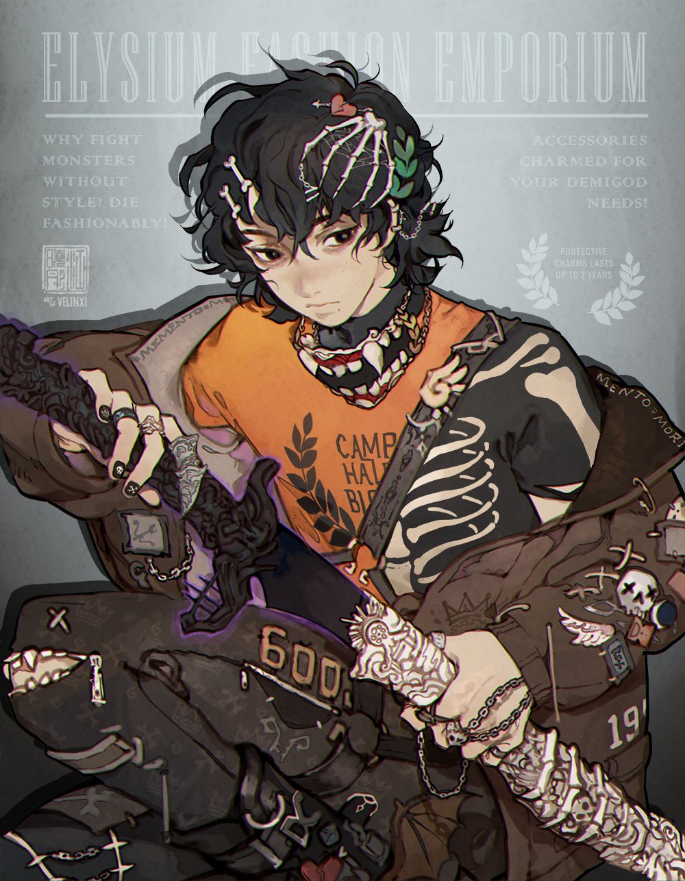 the image is an animestyle illustration depicting a young male character in a fashionable outfit. he is wearing an orange "camp halfblood" tshirt, a skeletonthemed jacket, and accessories like a toothy necklace and skeletal hair ornaments. he holds two decorative swords, and his clothing is adorned with patches, chains, and rings. the background features text reading "elysium fashion emporium" and taglines about fighting monsters in style and accessories for demigod needs, suggesting a fantasy fashion theme.