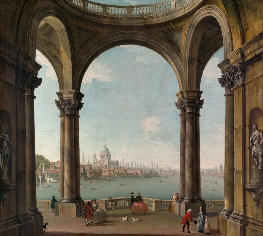 the image is a painting depicting a grand architectural structure with arches and columns, framing a view of a city and a large body of water. several figures in 18thcentury attire are visible on a terrace, along with dogs. the cityscape features prominent buildings including st. paul's cathedral, and the water is dotted with boats.