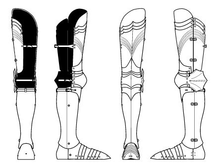 a black and white illustration of medieval leg armor, with multiple angles of the armor. the armor is composed of many plates of steel, connected by rivets. the armor covers the entire leg, from the thigh to the foot. the armor is very detailed and intricate, showing the high skill of the armorer. the armor is likely from the 15th or 16th century.