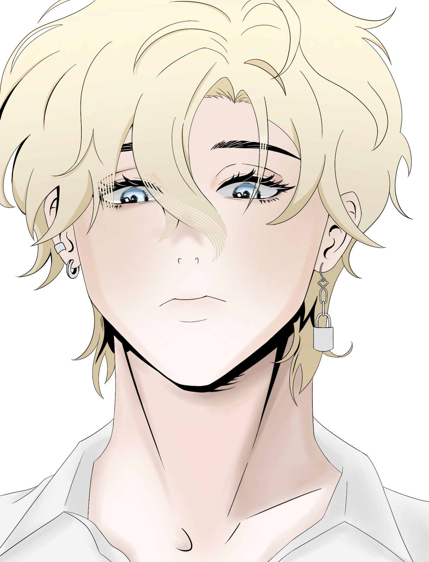 closeup illustration of a young animestyle boy with blond, wavy hair. he has pale skin, blue eyes, and is wearing small padlock earrings. his expression is somewhat melancholic or pensive. he is dressed in a lightcolored shirt with a visible collar. the art style is clean and stylized, with soft shading and coloring. the overall aesthetic is elegant and fashionable.