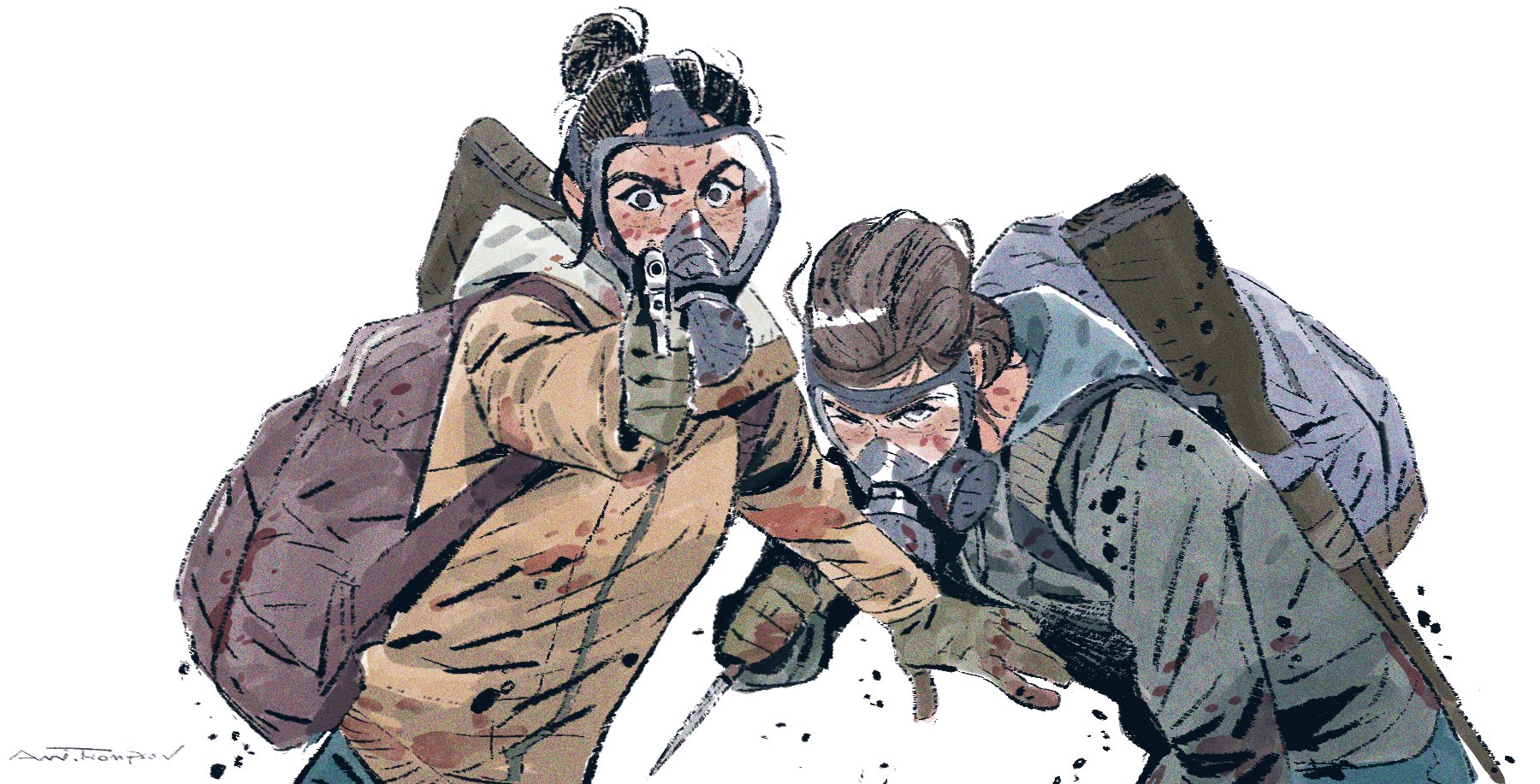 an illustration of two women in gas masks, looking determined and ready to fight, in a postapocalyptic setting.  they are carrying backpacks and have a variety of weapons. the image is full of action and energy, capturing the feeling of survival in a dangerous world.