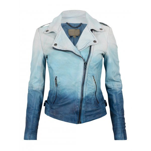 a women's blue ombre leather jacket.  the jacket is a light blue at the top and transitions to a darker blue at the bottom. it has a zipper closure, two pockets, and a collar.  the jacket is casual and stylish.
