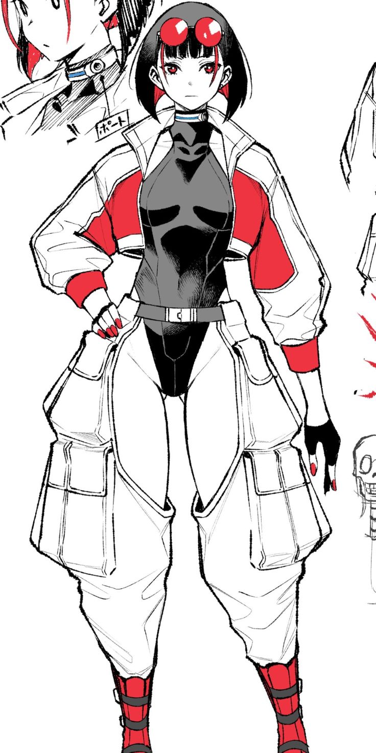 a black and white line drawing of a female character with red accents. she is wearing a black bodysuit, red and white jacket, gloves, and boots. she has short black hair and red goggles on her head. she has a confident pose, with her hand on her hip. there are other sketches of the character in different poses in the background.  the image is a character concept design.