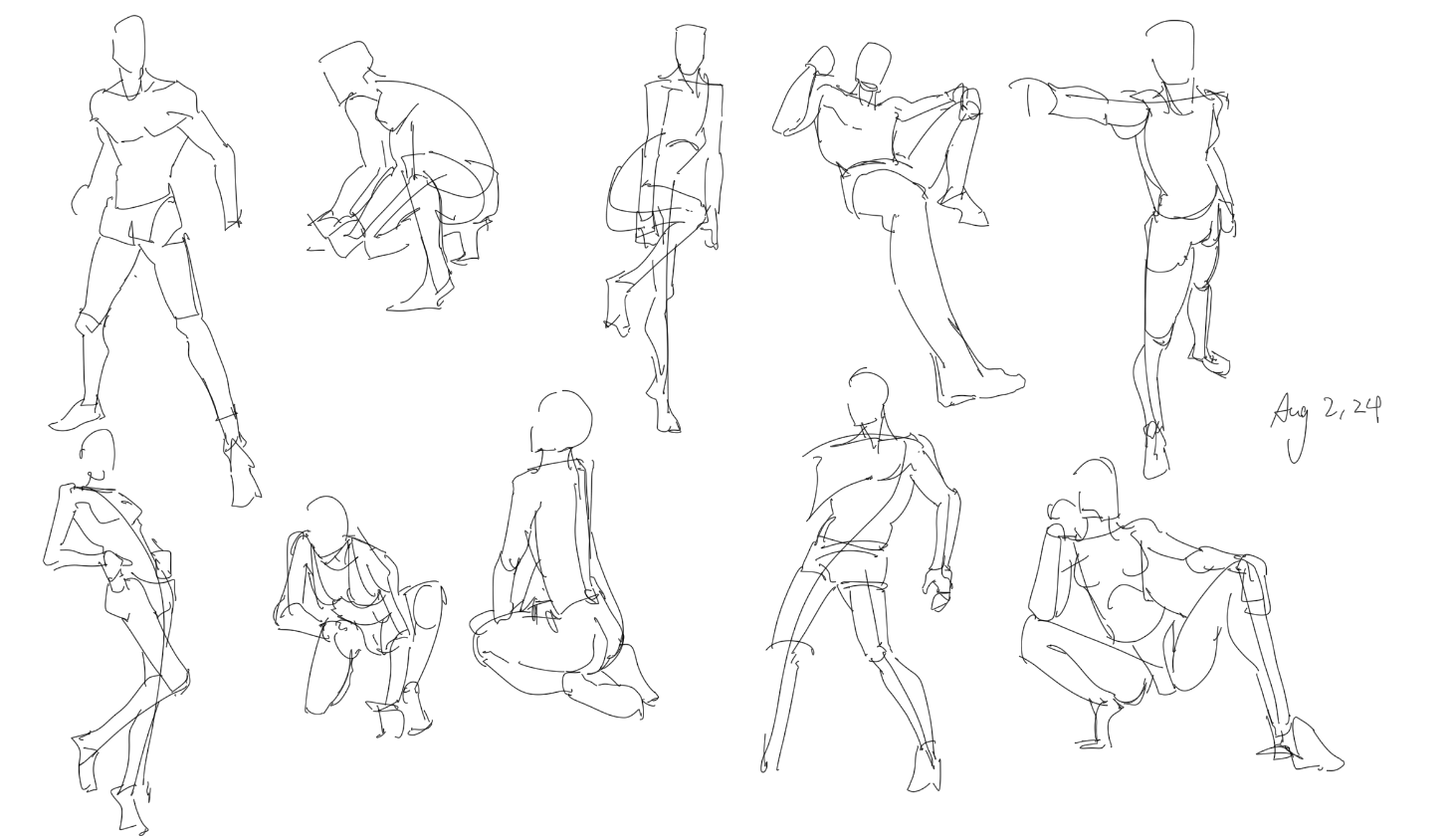 a page of gesture drawings of a man in various action poses.  the drawings are line art on a plain white background.  the artist has dated their work.