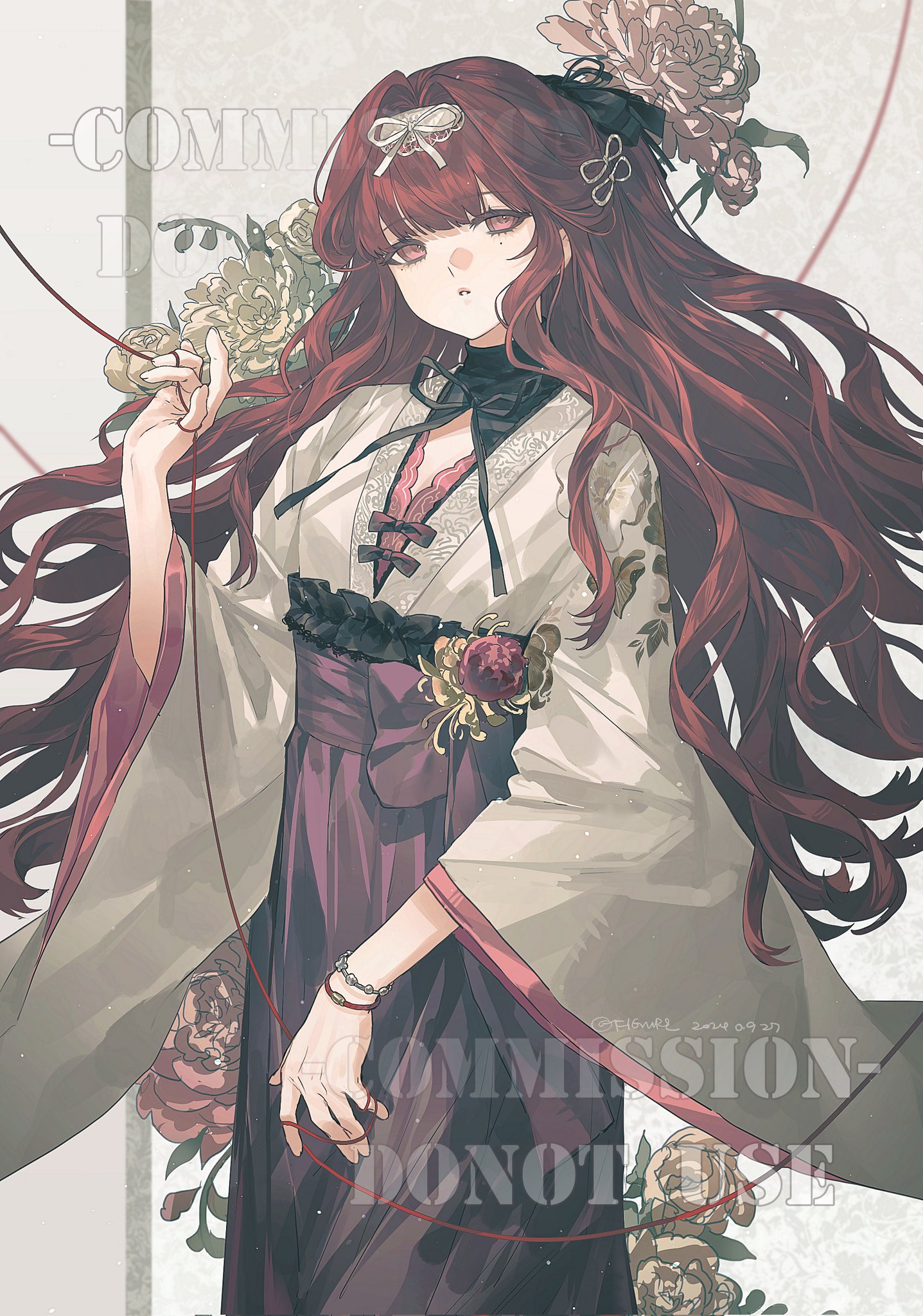 an anime girl with long, wavy red hair stands in the center of the image. she is wearing a white and purple kimono with floral accents. her hair is adorned with ribbons and flowers. she is holding a string between her fingers. the background features more flowers.