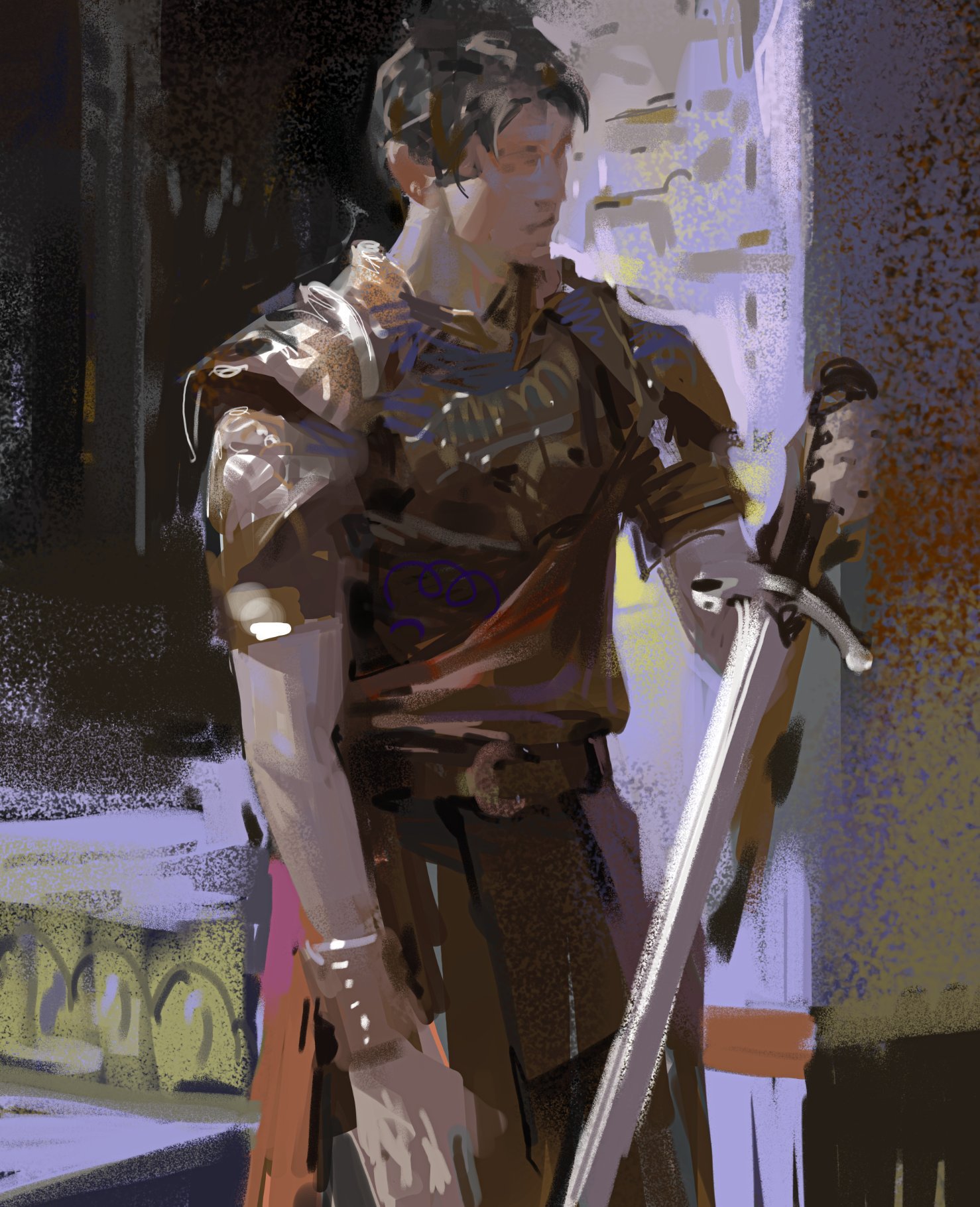 a warrior stands indoors, holding a sword in his right hand. he is wearing leather armor and a helmet. the warrior has a serious expression on his face, and his eyes are focused on the camera.  the scene is set in a medieval building with a window in the background. the lighting is dramatic and the shadows are deep. the warrior looks strong, determined, and confident.