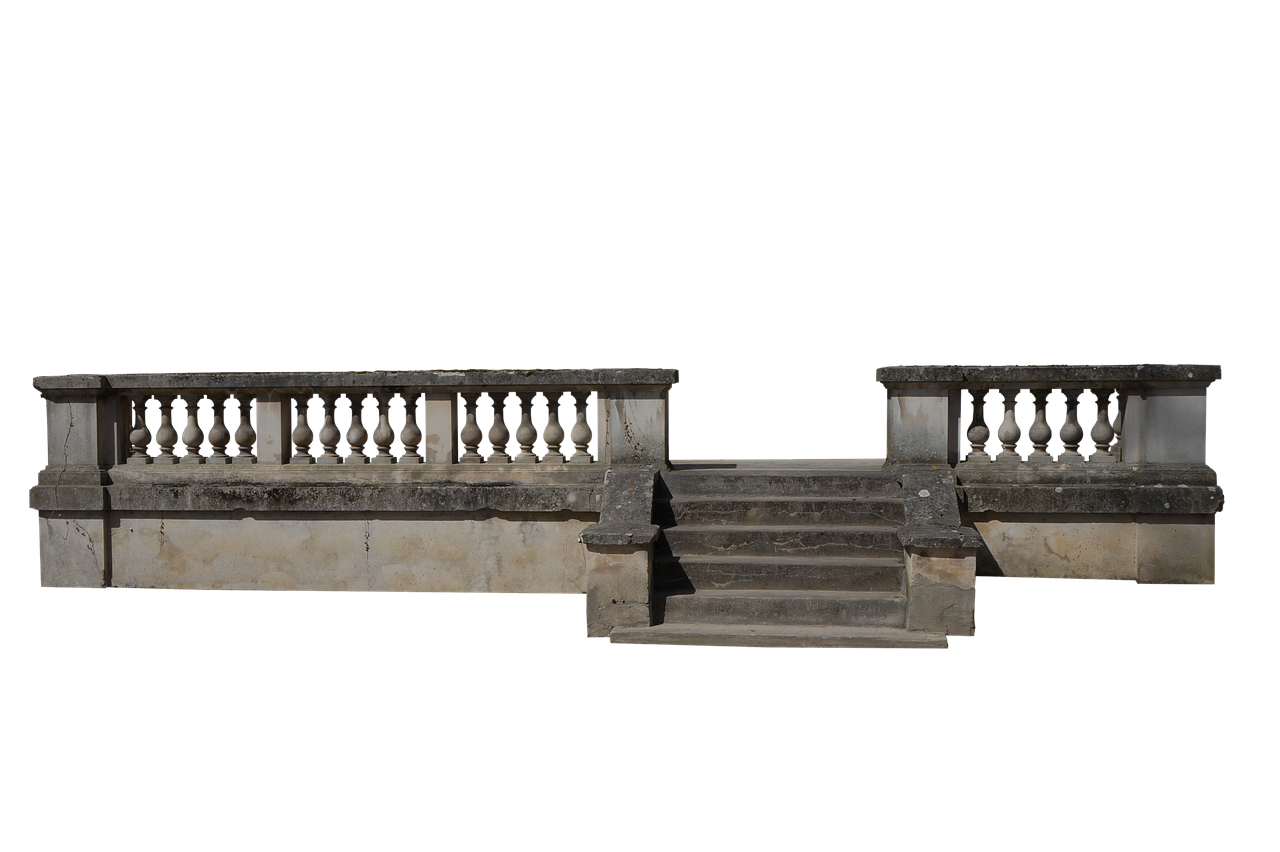 the image shows an ornate stone staircase with a balustrade on either side, set against a black background. the staircase has several steps leading up to a landing. the balustrade is made of stone or concrete and features a series of decorative pillars or posts, creating a classical or architectural design. the overall aesthetic suggests a historical or architectural setting.