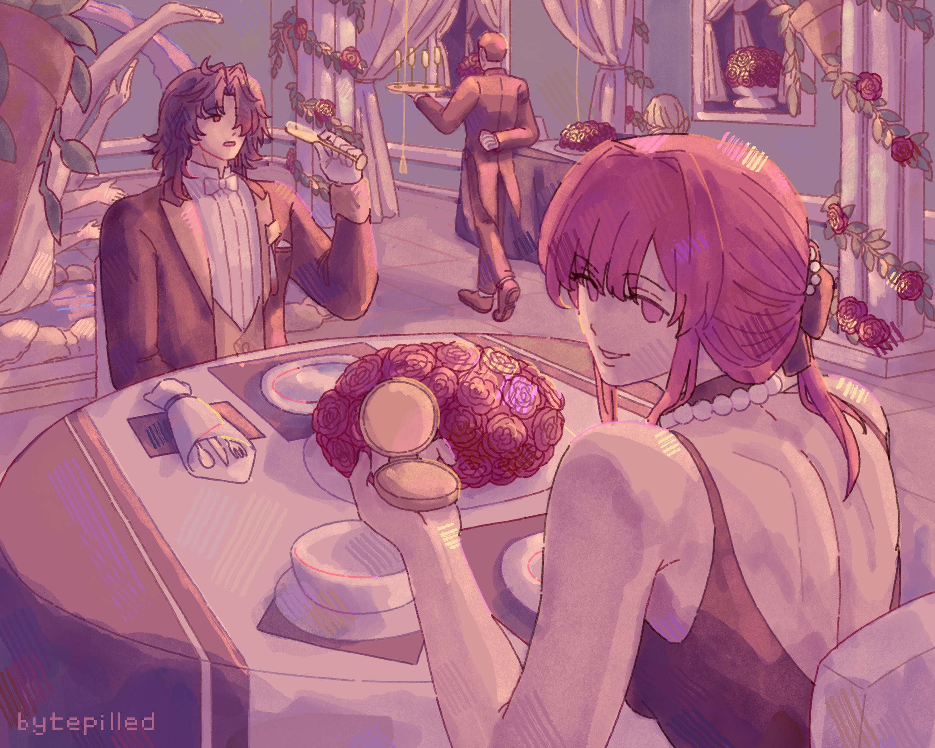 the illustration depicts a romantic scene with a man and a woman seated at a table. the woman, with her long pink hair, is seated to the right of the table, wearing a red dress and holding a compact mirror.  the man, with black hair, is seated to the left, dressed in a black suit and holding a silver object.  the table is adorned with beautiful red roses, creating a romantic atmosphere. the scene takes place in an elegant ballroom with candles lit and chandeliers hanging from the ceiling. the image captures a moment of intimacy and suggests a formal event or a special occasion.