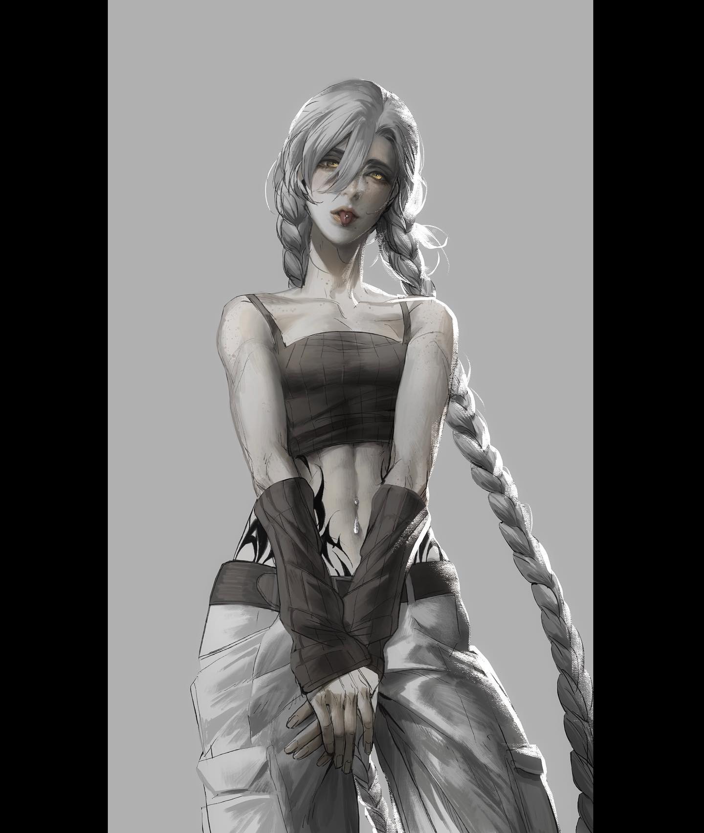 the image depicts a striking woman with long, white braids.  she wears a cropped tank top and loosefitting cargo pants, revealing a tribalstyle tattoo on her stomach. her expression is intense and focused, her eyes captivating the viewer. the artistic style leans towards realism with a touch of fantasy, highlighted by the grayscale palette and soft lighting. the overall effect is one of strength and quiet confidence.