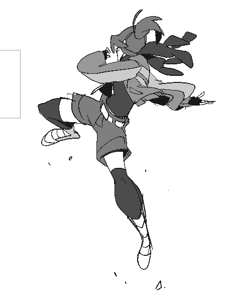 this is a digital illustration of an anime/manga style girl jumping. she is wearing a jacket, shorts, and shoes. her hair is in a ponytail and she has a confident expression on her face. the image is drawn in black and white with a line art style. it has a dynamic pose and a sense of movement.